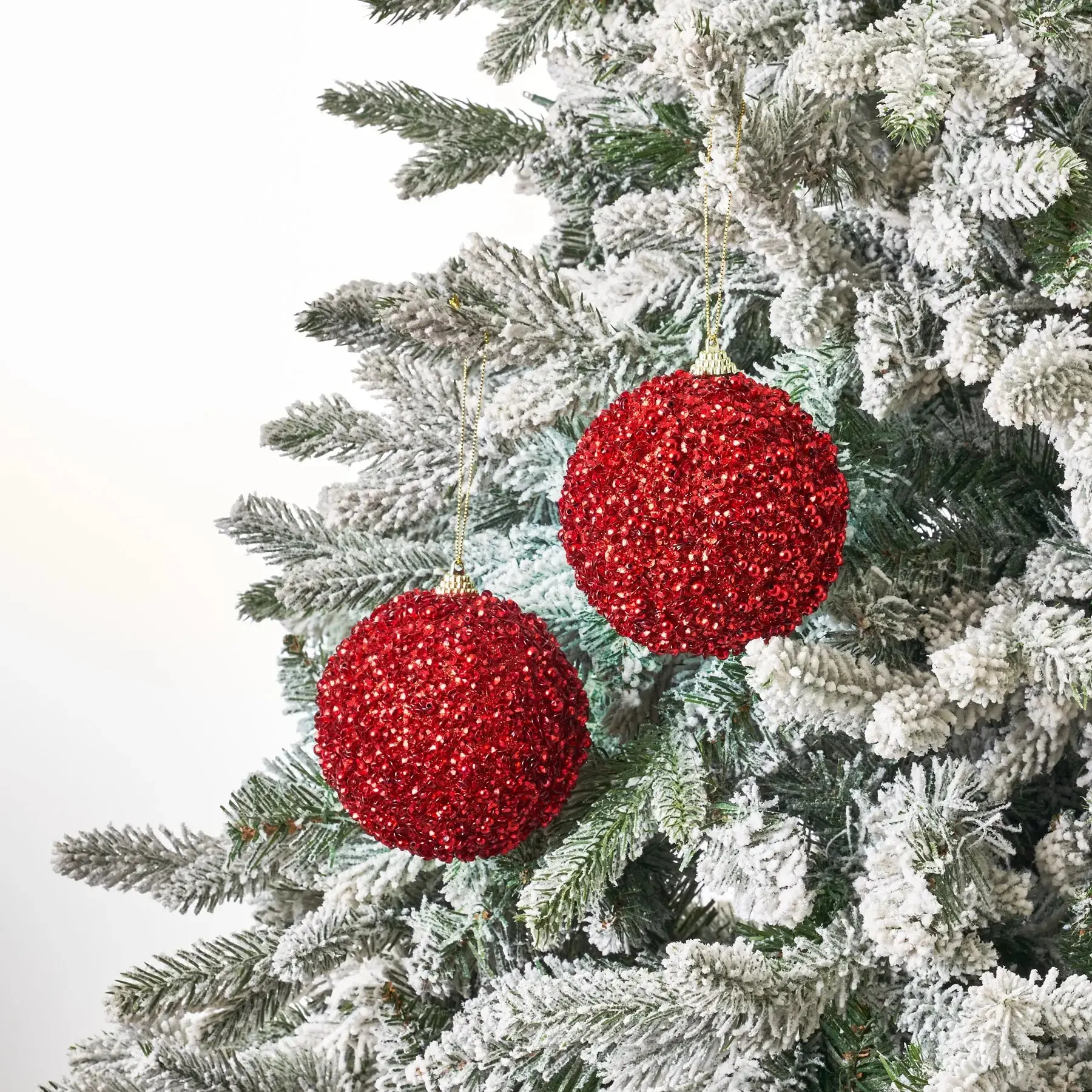 Ruby Red Beaded, Sequined Plastic Christmas Tree Ornament Set - 4" Dia., Decorative International Home Supplies Festive Home Decoration