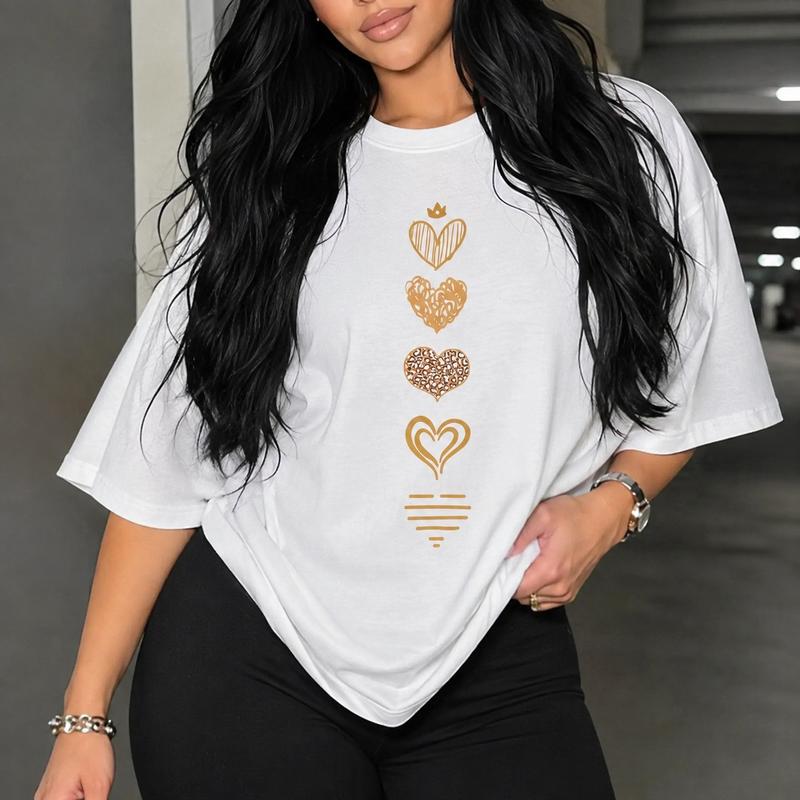 Women's Heart Pattern Oversized Round Neck Short-Sleeve Cotton Casual T-Shirt - Moderate-Thick Breathable Fabric, Loose-Fit, Machine Washable, Versatile for Commute & Streetwear, 1-Piece Black Womenswear Top, Machine Wash