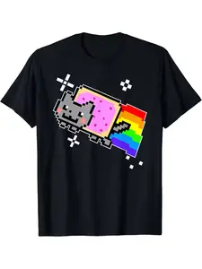 Funny Meme Creative Hip-Hop Y2K Vintage Print Short Sleeve Cat Rainbow T-Shirt, Casual Sportswear for All Seasons, Fitted Style