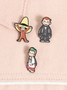 Curious George Vintage Appeal Cartoon Fun Badge Set, Suit Large Straw Hat Baseball Cap, Denim Jacket Canvas Bag Daily Versatile Decoration Accessory