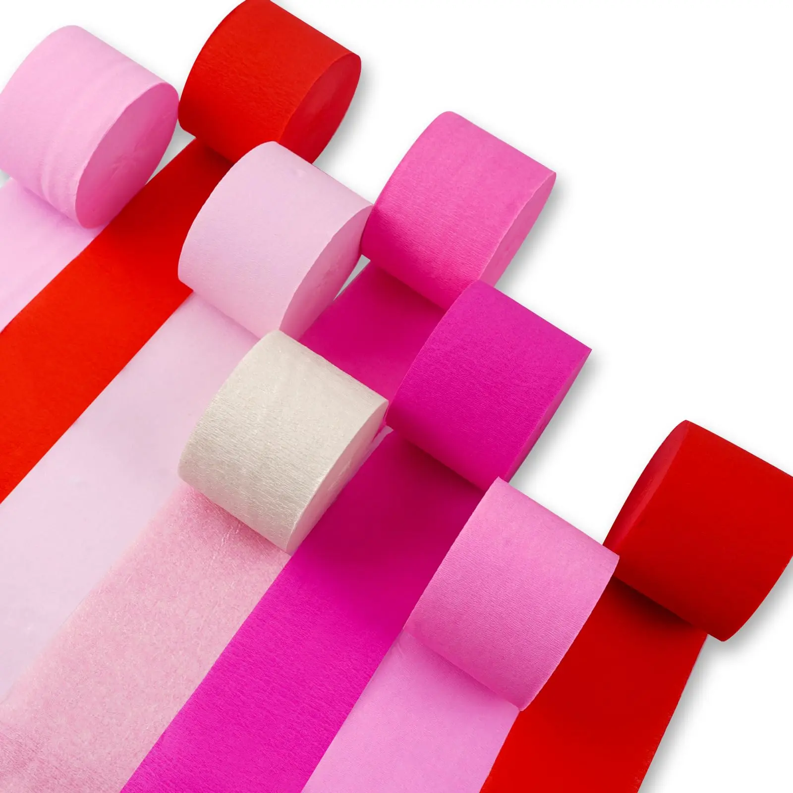 PartyWoo Thick Crepe Paper Streamers Pack, 8 Rolls (1.8 in x 82 ft/Roll, Total 656 ft) - Pink, Red, White Festive Supplies for Birthday, Anniversary Decoration, Doors Hanging Decor