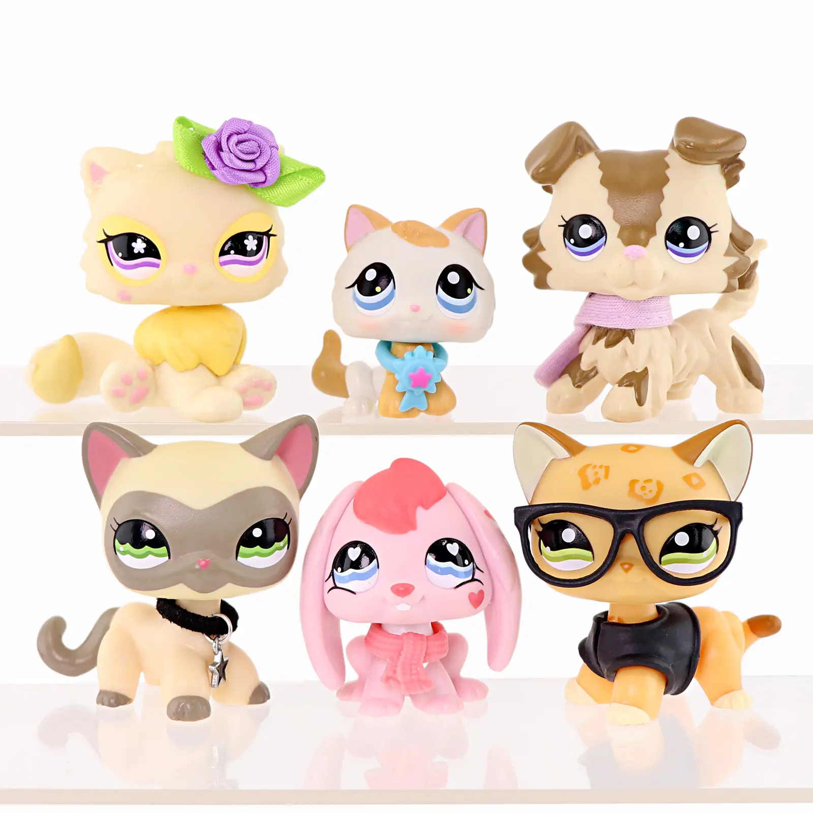 6 Pcs Mixed Cartoon Animal Figurines Set, Big Eye Mini Pet Collectible Figures with Dress-Up Accessories, Cat Puppy Rabbit Toys for Pretend Play, Desktop Decor & Collector Gift