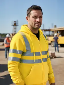 Reflective Zipper Hoodie for Men | Thermal Lined Work Sweatshirt with Stand Collar (Water-Resistant Outdoor Jacket for Winter, Cycling & Security Jobs