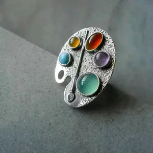 Romantic Unisex Paint Palette Ring - Multicolor Stones, Silver Metal Coating, Creative Casual Fashion Costume Jewelry Accessory