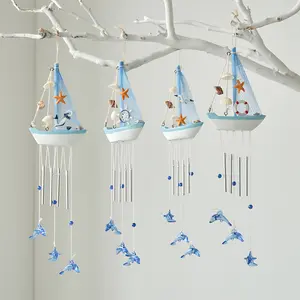 Mediterranean Style Creative Wind Chime Wooden Sailboat Model with Starfish & Shell Details for Coastal Home Decor