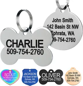 Stainless Steel Pet ID Tags, Personalized Dog Tags and Cat Tags, 8 Line Custom Text, Engraved on Both Sides, in Bone, Round, Heart, Bow Tie
