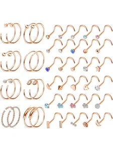 46 Pcs Rose Golden Nose Piercing Jewelry Set for Women Men Features L-shaped C-shaped Studs Nose Bones Curved Bars Hoops Premium Stainless Steel Rust-resistant Gentle on Skin Multi-purpose Design Fits Nose Lip Tragus Cartilage Piercings