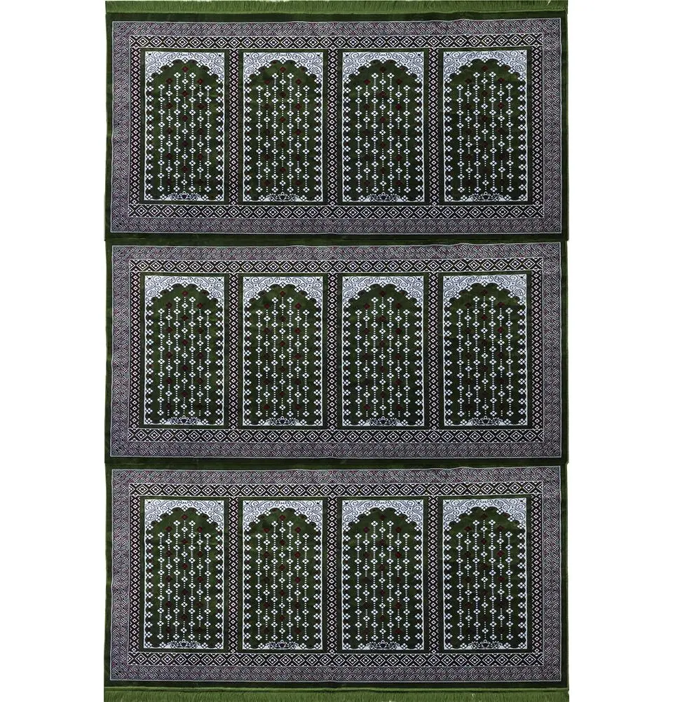 Wide 12 Person Masjid Islamic Prayer Rug | Geometric Vined Arch - Green & Red