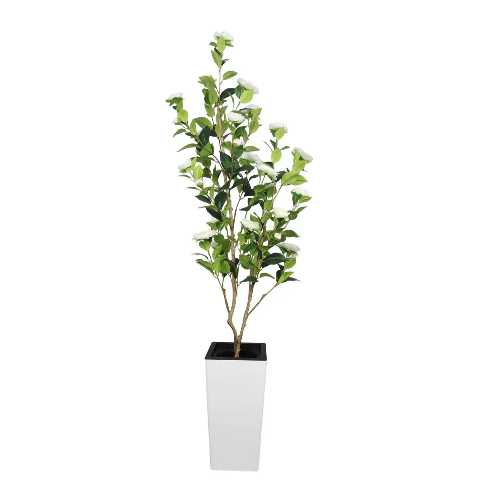 120 cm artificial camellia tree with a tall white planter; artificial plant; suitable for living rooms, bedrooms, and entryways; indoor and outdoor artificial plant decoration; white