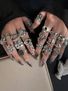 24-Piece Silver Color Gothic Punk Ring Set, Spider Skull Poker Heart Design, Unisex Party Accessories for Daily Wear