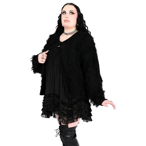 Foxblood Shop Women's Knit Button Cardigan Sweater - Cozy Fashion, Fluffy Edges, Fringe Detail, Black