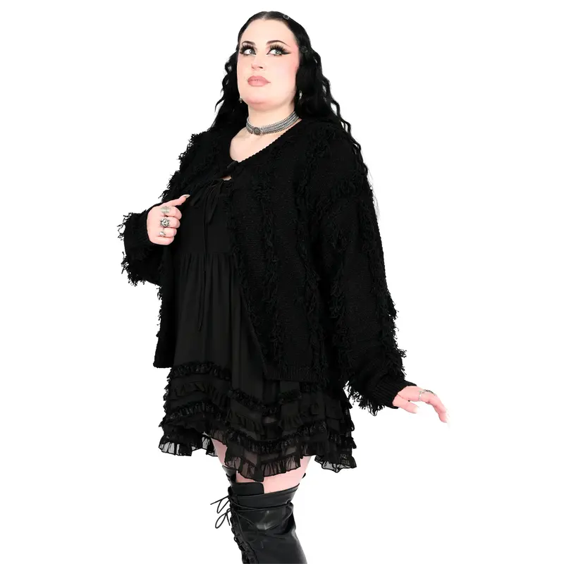 Foxblood Shop Women's Knit Button Cardigan Sweater - Cozy Fashion, Fluffy Edges, Fringe Detail, Black