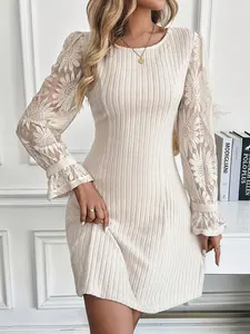 Women's Knitted Lace Long Sleeve Dress, Womenswear, Casual, Party & Chic Wear, Soft Fabric Design, Perfect for Daily & Special Occasions