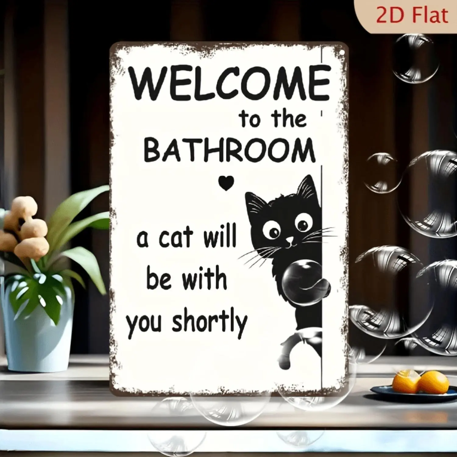 2D Flat - YNLLOOFA 2D Flat Vintage Black White Cat Wall Art - "Welcome to The Bathroom" Funny Metal Tin Sign - Retro Bathroom Decor with Cat Design - Aluminum Tin Sign for Restroom 8x12in