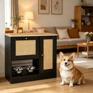 Black Rattan Pet Feeding Station with 2 Lockers, Elevated Dog Bowls Feeder Stand with Side Hooks & Anti-Tipping Kit, Hidden Pet Food Storage Station for Dog Cat Food Water