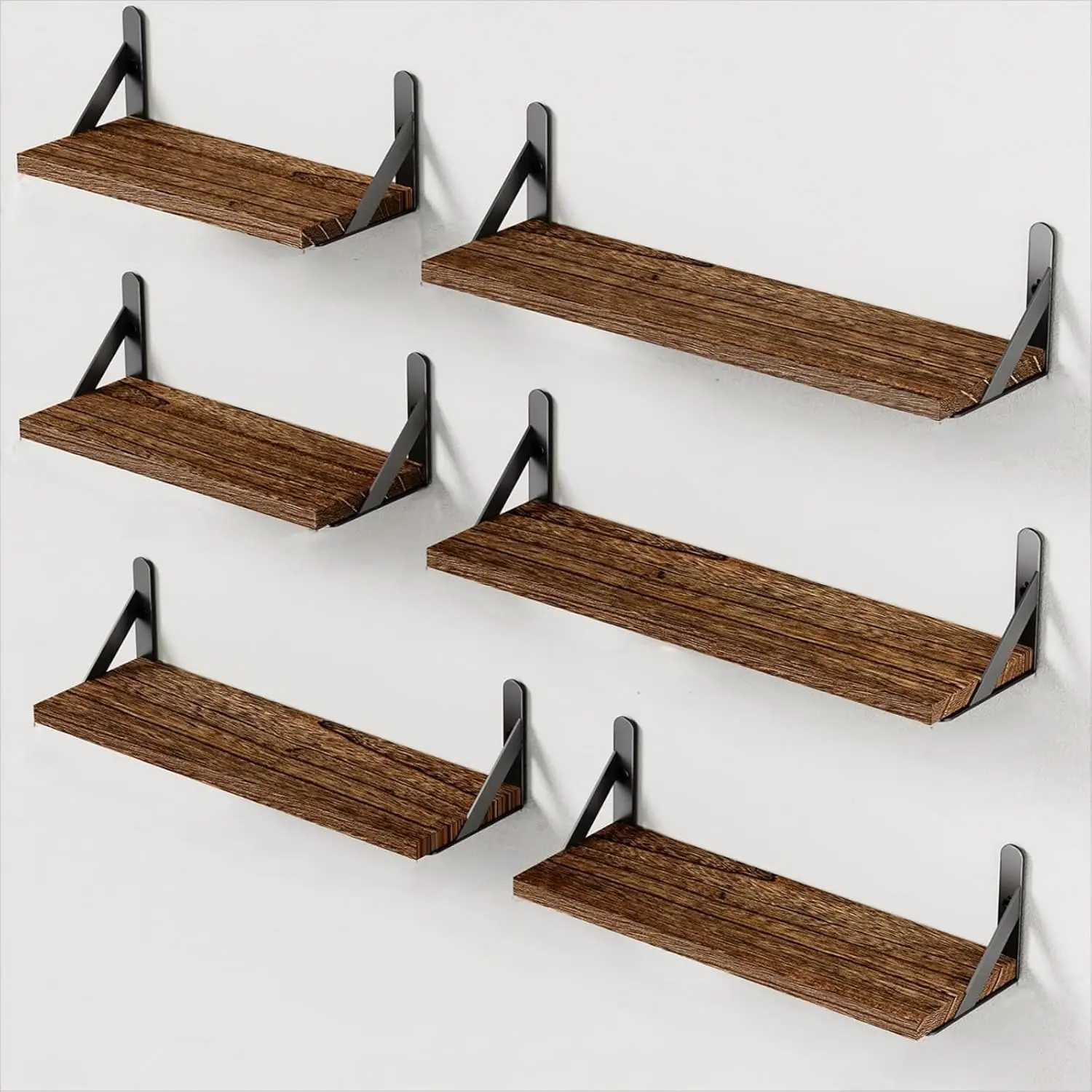 Set of 6 Floating Wall Shelves, Rustic Farmhouse Wood Wall‑Mount Storage Display Shelves, Brown Wall Shelf for Bedroom Bathroom Living Room Kitchen Home Decor