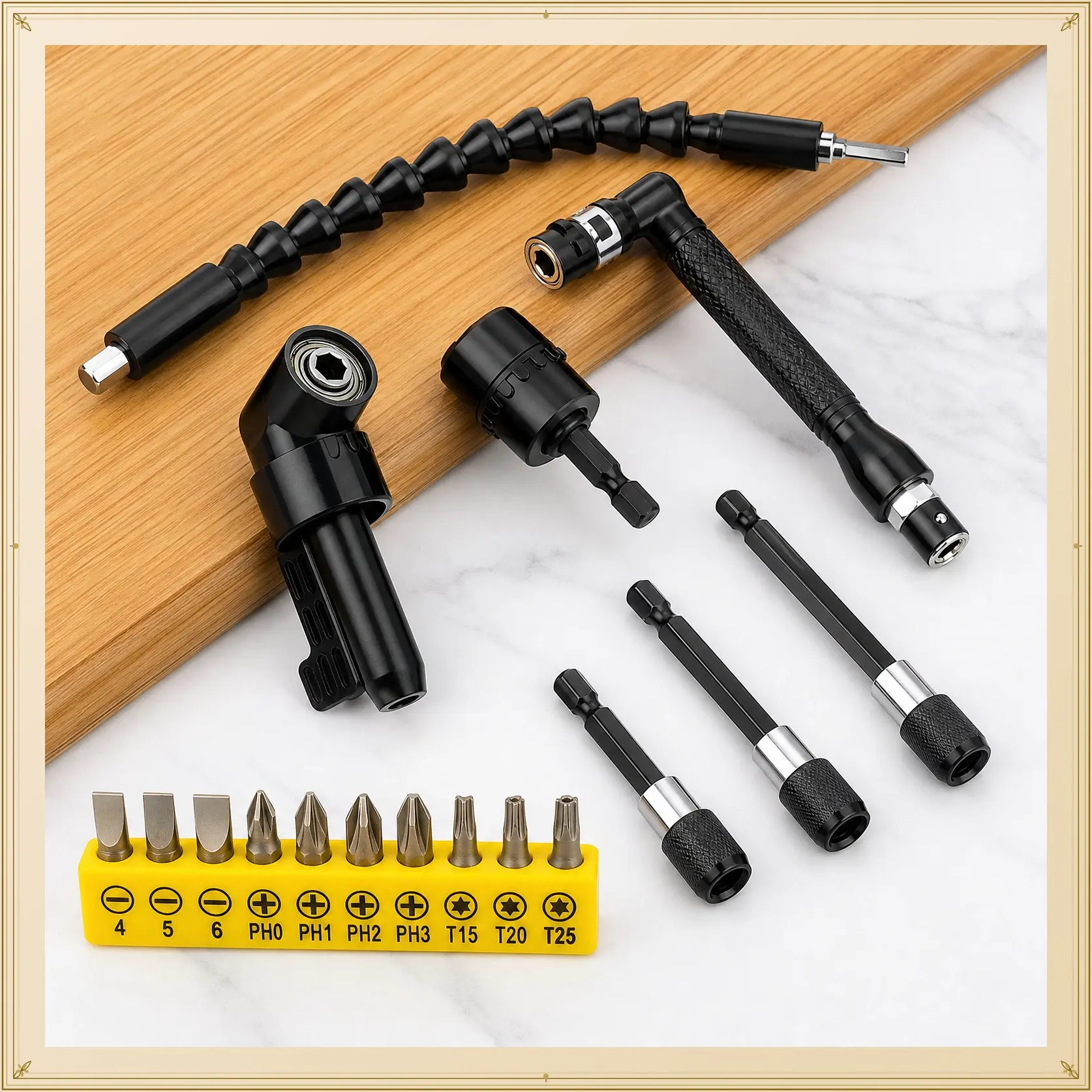 17-PCS Angle Screwdriver Attachment, 105° Angle Attachment for Cordless Screwdriver, 3 Hex Shank, Angle Screwdriver Set with L Key, Bit Holder Extension, Angle Drill Attachment for Construction