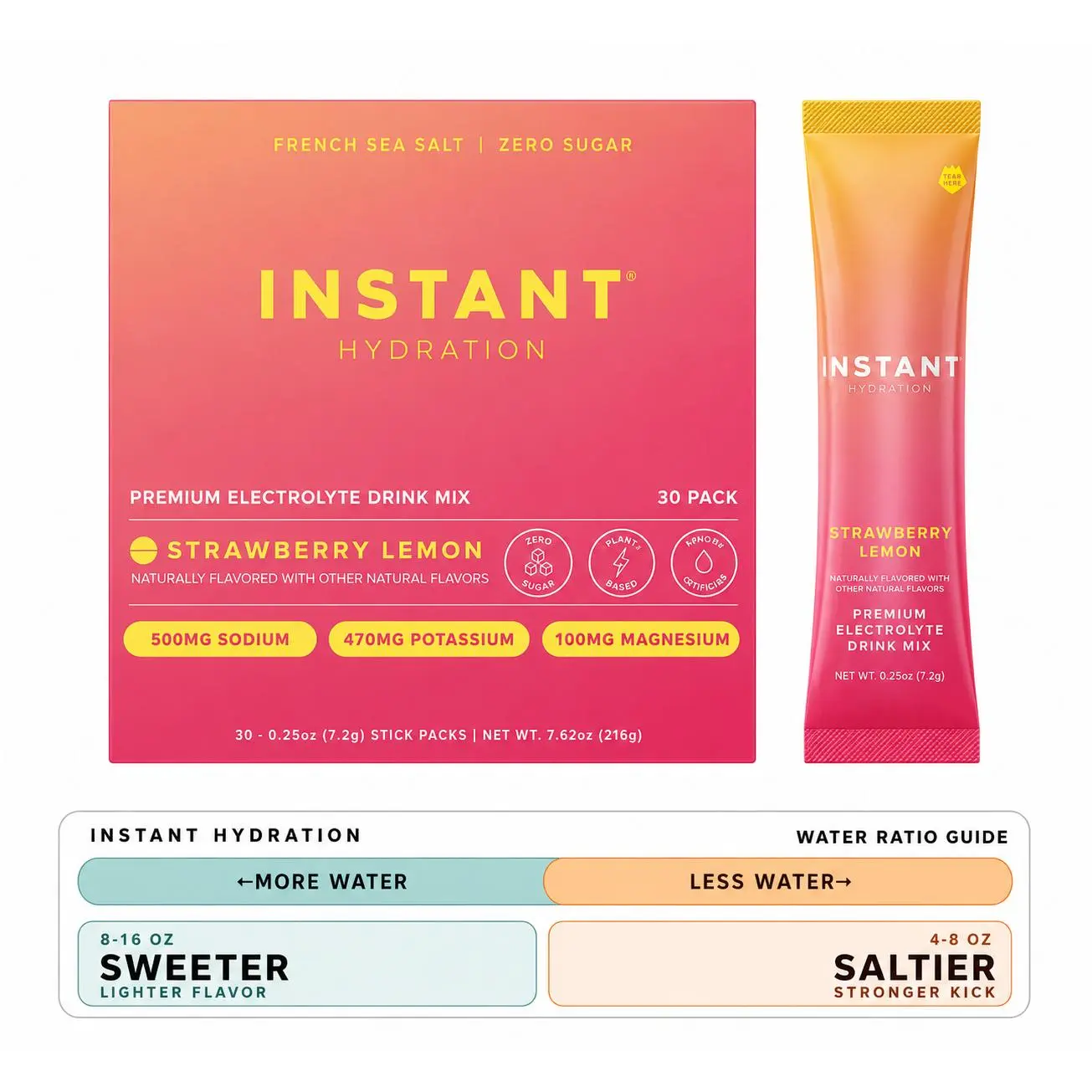 Instant Hydration - Strawberry Lemon- Organic Daily Premium Salt Electrolyte Drink Mix Sticks- 30pk - Zero Sugar Drink Mix Packets Assorted Fruit Flavors, Mineral Algae-Sourced Calcium, Magnesium, Potassium
