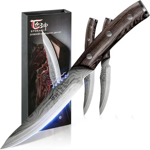 SYOKAMI Damascus Etched Non-Serrated Steak Knives Set - 4.8in High-Carbon German HRC56+ Steel, Full Tang FSC-Certified Wood Handle, Razor-Sharp Wear-Resistant, Steady Wet-Hand Grip Cutting Kitchenware, Modern Accessory, Birthday Anniversary Gift Box