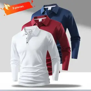 Men's solid color long sleeved Polo shirt 3 piece, business and casual style, using breathable skin friendly fabric with button neckline design, slim fit version, suitable for men's daily commuting or business light wear Slim Fit Wrinkle Proof Stylish tik