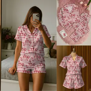 Women’s Dachshund Pajama Set, Martini & Weenies Print, Short Sleeve Satin Sleepwear, Dog Pajama, PJs Family, Pajama Gifts for Her