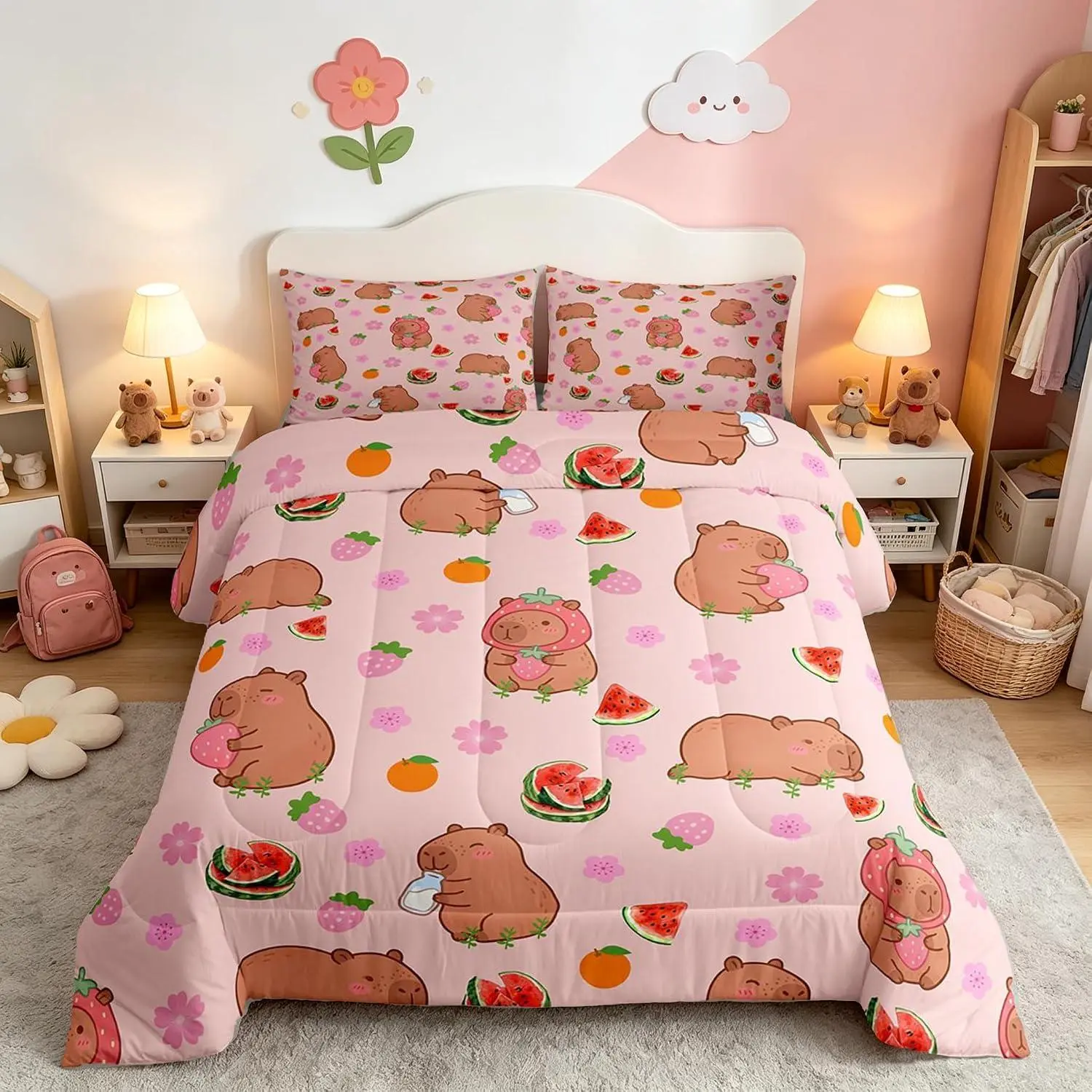 Capybara Comforter Set Cute Cartoon Animal Bedding Set Strawberry Watermelon Duvet Quilt Bedroom Pink Flower Pattern Decor Elegant Design Ultra Soft