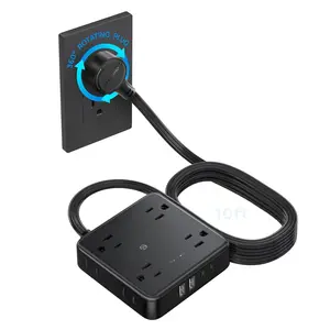 360? Rotating Flat Plug Power Strip, 10FT Flat Extension Cord with Multiple Outlets 4 USB (2 USB C), Wall Mount Surge Protector 1440 Joules for  Office Travel Dorm Room Essentials, Black