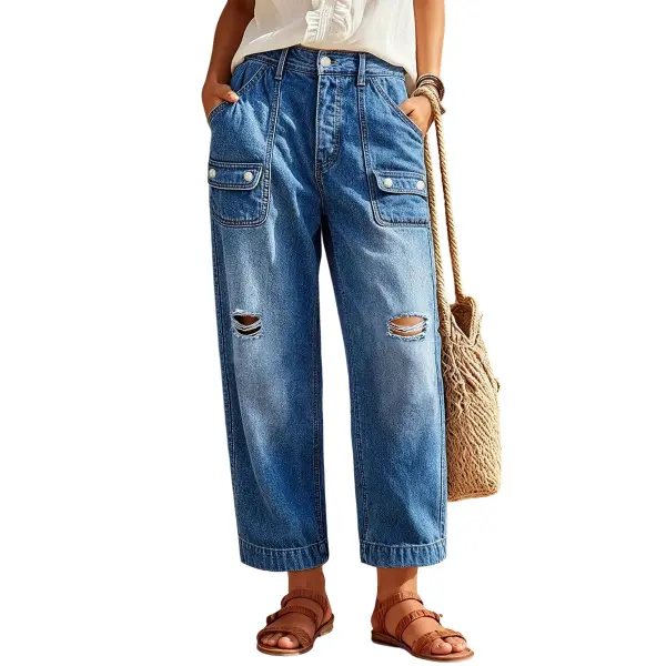 Flamingals Ripped Flap Decor High Waist Straight Leg Cropped Jeans Womenswear Stretchy 24.8" Inseam