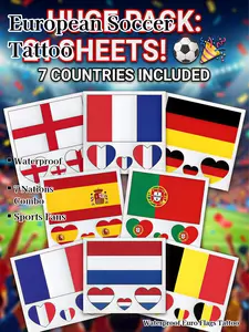 21 Sheets European Soccer Flag Temporary Tattoos, 7 Nations Combo (England, France, Germany, Spain, Portugal, Netherlands, Belgium), Waterproof Face Stickers for 2026 Sports Fans