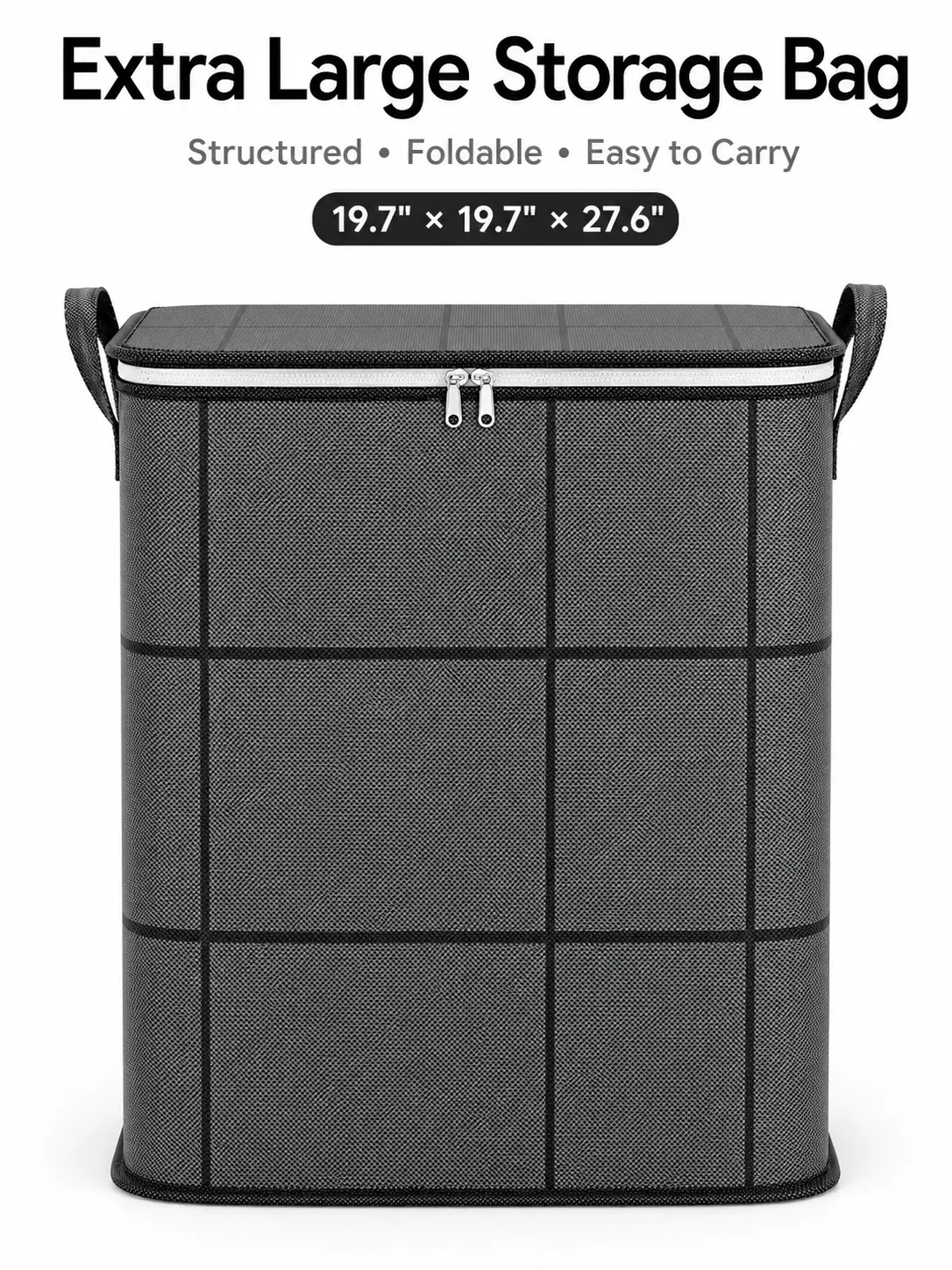 A large-capacity, foldable storage bag ideal for bedding, throw pillows, sweaters, and toys. This structured garment storage bag features a lid, zipper, and handles, and is perfect for use at home, in a closet, or in a college dorm room.