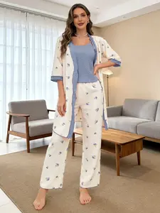 Women's Sexy V Neck 3 Piece Pajama Set with Short Sleeves and Ankle Pants, Breathable Soft Fabric, Casual Fitted Sleepwear, Loungewear