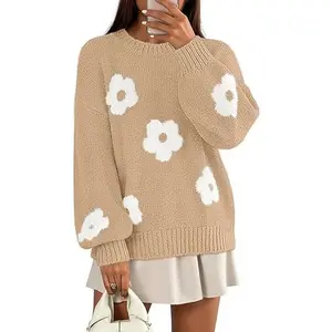 MEROKEETY Women's 2025 Fall Floral Sweater Cute Long Lantern Sleeve Crewneck Knit Pullover Tops