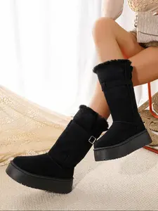 Women's Fashion High-Top Snow Boots, Round Toe, Flat Sole, Rubber, Low Heel, One-Piece Design, Stylish Winter Footwear for Ladies