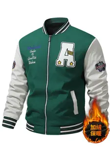 Unisex, trendy street style, three-dimensional embroidered letter splicing jacket, cardigan, baseball jacket, winter warm jacket with added fleece