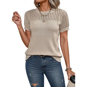 Womens Summer Tops Dressy Casual Crewneck Short Sleeve Shirts Solid Hollow Out Knit Loose Sweater Blouses