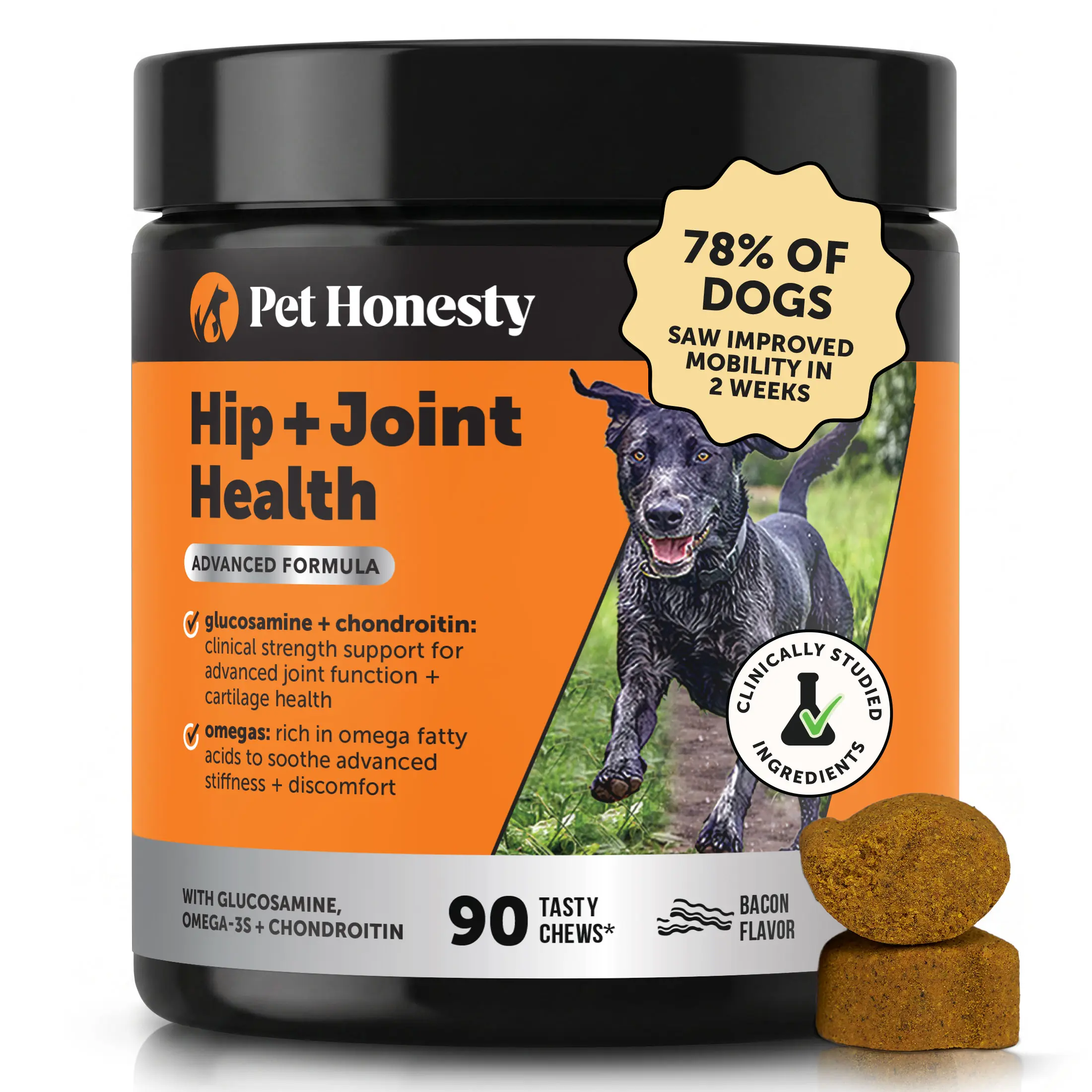 Pet Honesty Hip & Joint Health Max Strength – Dog Joint Support Chews with Glucosamine Chondroitin & Omega-3s – Joint Supplement for Dogs to Support Mobility, Flexibility & Comfort – Bacon (90 ct)