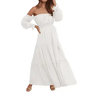Women's Bohemian off shoulder spring long sleeved dress, high waisted side slit flowing A-line layered long skirt, suitable for casual wearRAIMENTRY