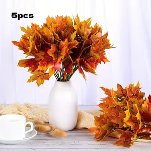 5 bundles of artificial maple leaves, autumn artificial tree decorations, plastic autumn leaves for Thanksgiving, center decorations for indoor and outdoor kitchens for holiday autumn, no batteries required, Halloween, Thanksgiving, harvest, autumn celebr