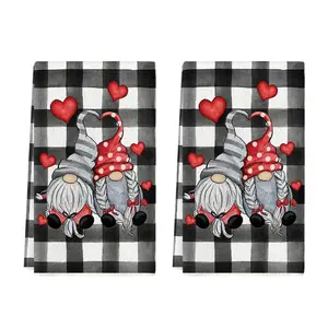 Buffalo Plaid Gnomes Love Valentine's Kitchen Towels Dish Towels, 18x26 Inch Anniversary Wedding Decoration Hand Towels Set of 2