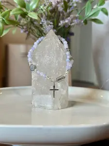 Rosary Bracelet in Blue and Silver Aquamarine 4mm Faceted Gemstones Silver Plated Hardware and Center Charm 6in