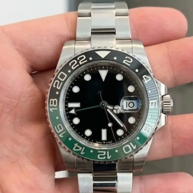 StellaTime GMT Luxury Watch with Logo - Stainless Steel Band & Green Bezel - Precision Timepiece for Men