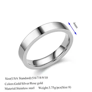 4mm Width Stainless Steel Glossy Flat Simple Couple Rings USA Size 6/7/8/9/10 Rose Gold Silver Plated Men Women Finger Jewelry