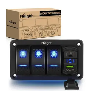 Nilight 3-Gang Aluminum 5-Pin Blue ON/OFF Rocker Lightswitch Panel, Vehicle-Use Switchboard with PD Type-C & USB Dual Charging Port, Voltmeter for LED Lights, Lightswitches