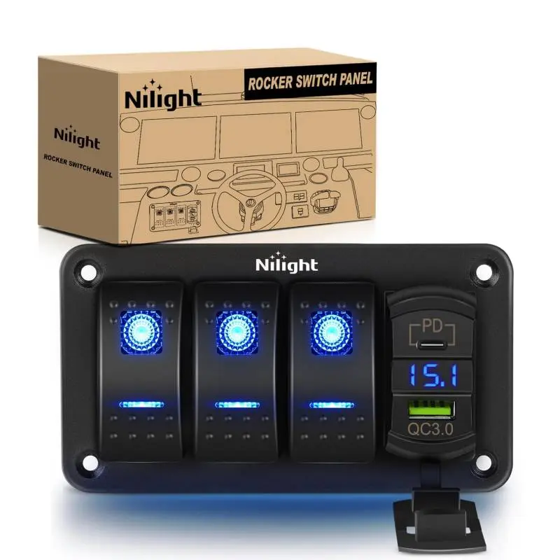 Nilight 3-Gang Aluminum 5-Pin Blue ON/OFF Rocker Lightswitch Panel, Vehicle-Use Switchboard with PD Type-C & USB Dual Charging Port, Voltmeter for LED Lights & Lightswitches