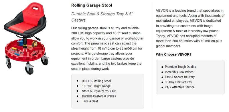 VEVOR Rolling Gear Seat, TikTokShopBlackFriday, 300LBS Capacity, 18"-23" Height Adjustable, Mobile Mechanic Garage Stool with Tool Tray and 5" Casters, Pneumatic Stool for Workshop, Garage, Auto Repair Shop