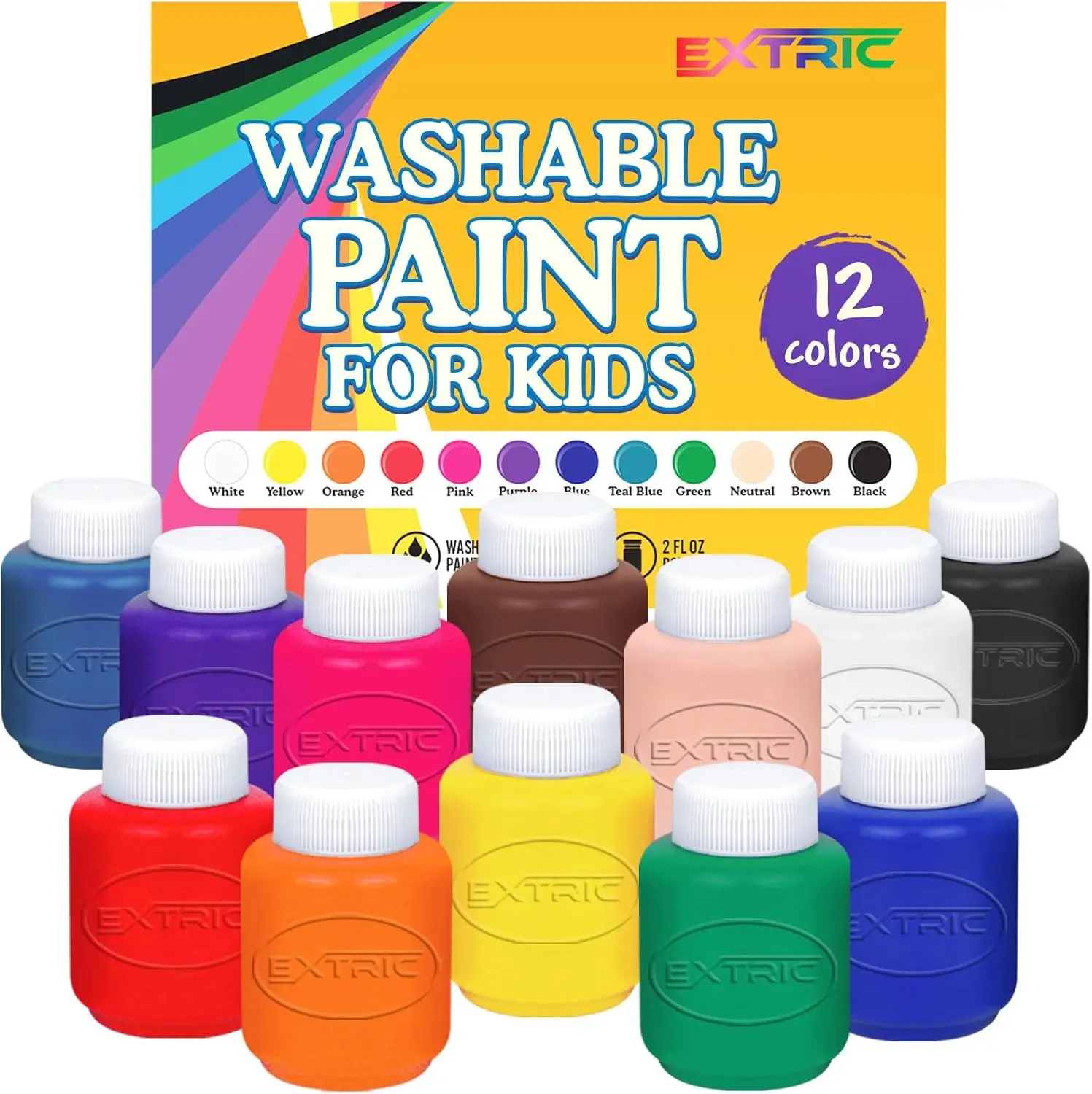 Washable Paint for Kids, 12-Color Tempera Kids Paint Set (2 oz Bottles) – Non-Toxic Washable Finger Paints for Toddlers & Kid Art SuppliesGift.