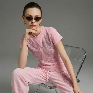 TCH [100% cotton] slim fit short sleeved pink T-shirt with rhinestone wings for women in spring/summer 2026