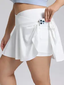 Women's Plus Size V-Waist Casual Short Skirt, Plain Color, Inner Lining, Dual Pockets, High Waist, Loose-Fitting, Sporty Style