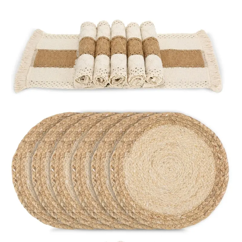6pcs Handmade Natural Durable Heat-Resistant Round & Square Striped Boho Cotton Jute Water Straw Weave Kitchenware Placemat Set - 11.8" Diameter, Tassel Accent, Farmhouse Rustic Dining Table Decor, Birthday Gift for Home Improvement