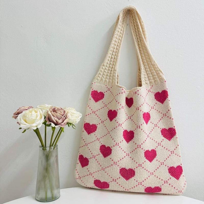 Heart Crochet Tote Bag Cute Valentines Day Gift for Women Adorable Purse with Keychain Cutecore Aesthetic Y2K Style Handbag Perfect Present